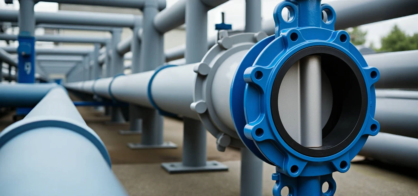 A large-diameter butterfly valve installed in the piping of a power plant cooling system.