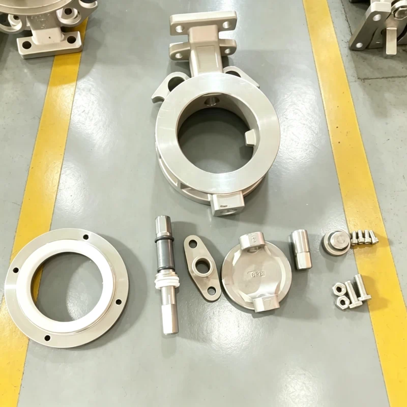 Exploded view of stainless steel butterfly valve internal components including valve body, disc, stem, and PTFE seat.